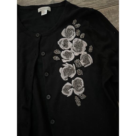 Garnet Hill Wool merino Black Embroidered Button Front Cardigan Sweater Size M - Picture 4 of 7